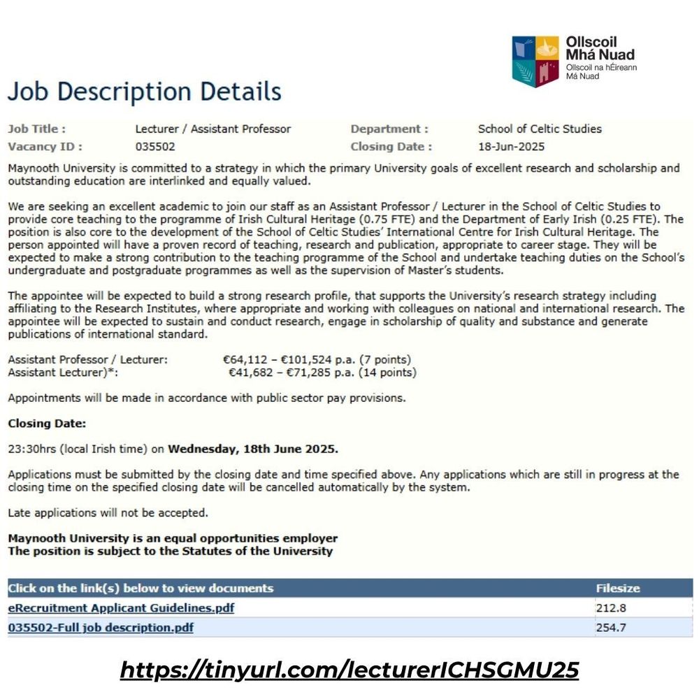 Ollamh Cúnta / Léachtóir in Oidhreacht Chultúrtha na hÉireann agus i Roinn na Sean-Ghaeilge, Scoil an Léinn Cheiltigh, Ollscoil Mhá Nuad, cur síos ar an bpost