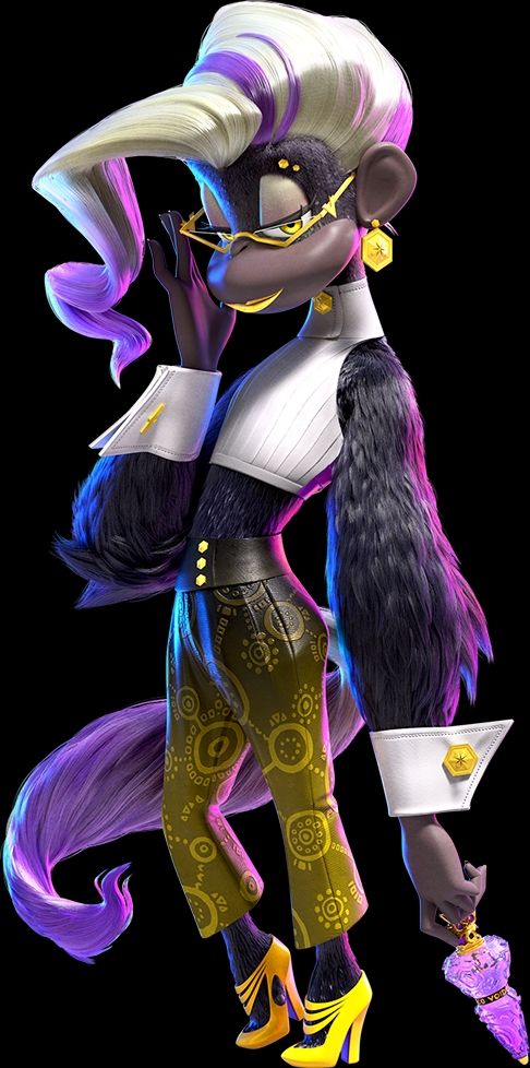 Poppy Kong from donkey Kong Bonanza. She has a white cut crop, and I believe dark orange pants with symbols on it. And yellow high heel shoes. She also has white cufflinks matching her top. She is carrying a mysterious object that helps her survey the deep underground. Her hair is a swirling spiral and beyond cool. 