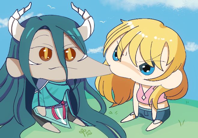 A doodle of this user's Fields of Mistria farmer / self insert and Caldarus the dragon in his humanoid form as chibis, sitting on a field of grass with the open blue sky behind them. The farmer is chewing on Caldarus' rather elastic cheek with a furrowed brow. Caldarus is just smiling unbothered.