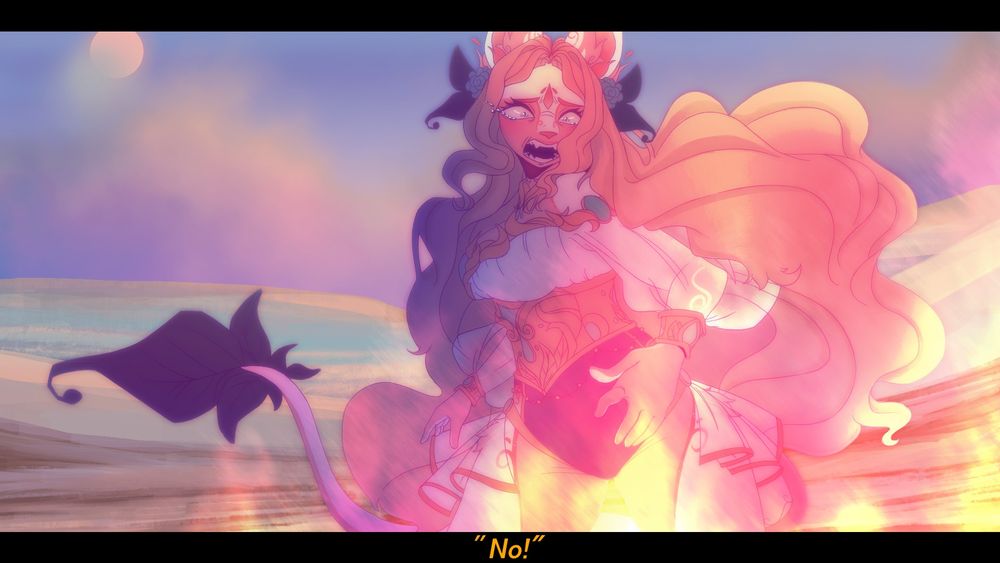 A digital art piece of a furry oc looking on past the audience in horror, as flames are blocking their way. Behind them is a snowy landscape, barren of any other life, with the early midday moon high above, with two blacked out rectangles on top and bottom like a widescreen TV show, with a yellow worded caption of, "No!" italicized on the bottom.