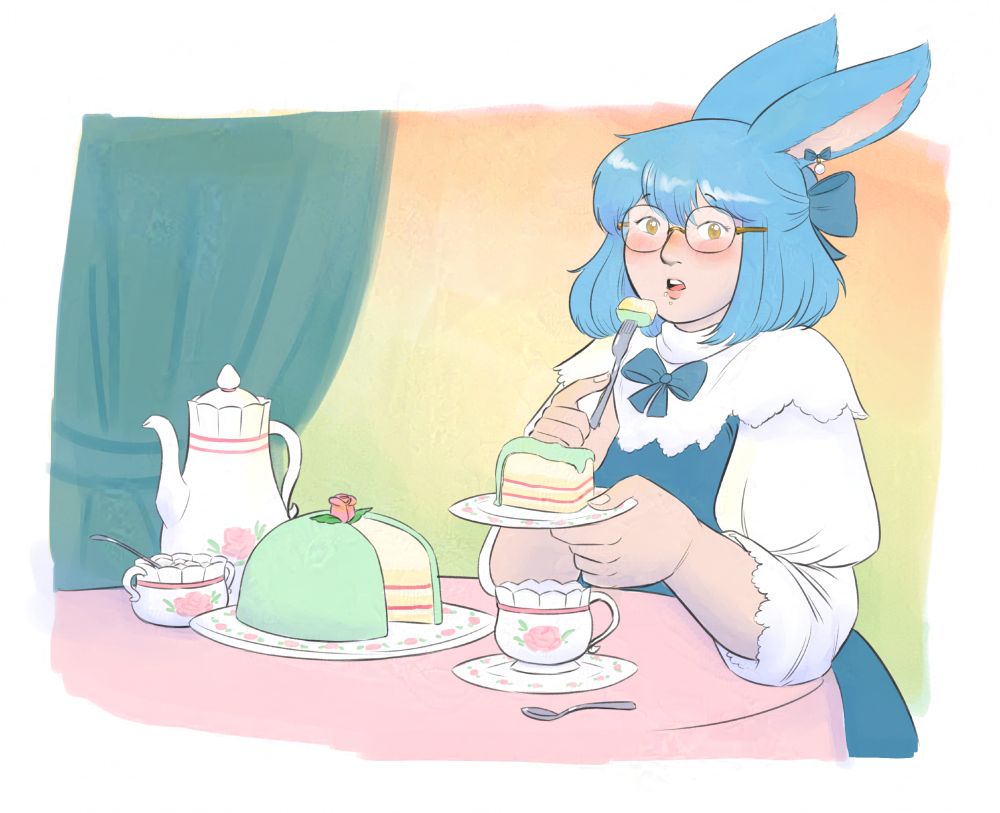 Drawing of a Final Fantasy XIV character, a woman with blue hair and bunny ears. She's sitting at a tea table with china decorated in pink roses and staring at the viewer while eating a slice of Swedish princess cake (Prinsesstårta)