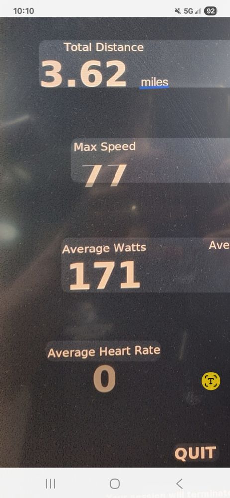 Elliptical machine screen showing end of workout statistics, including "Average Heart Rate 0".