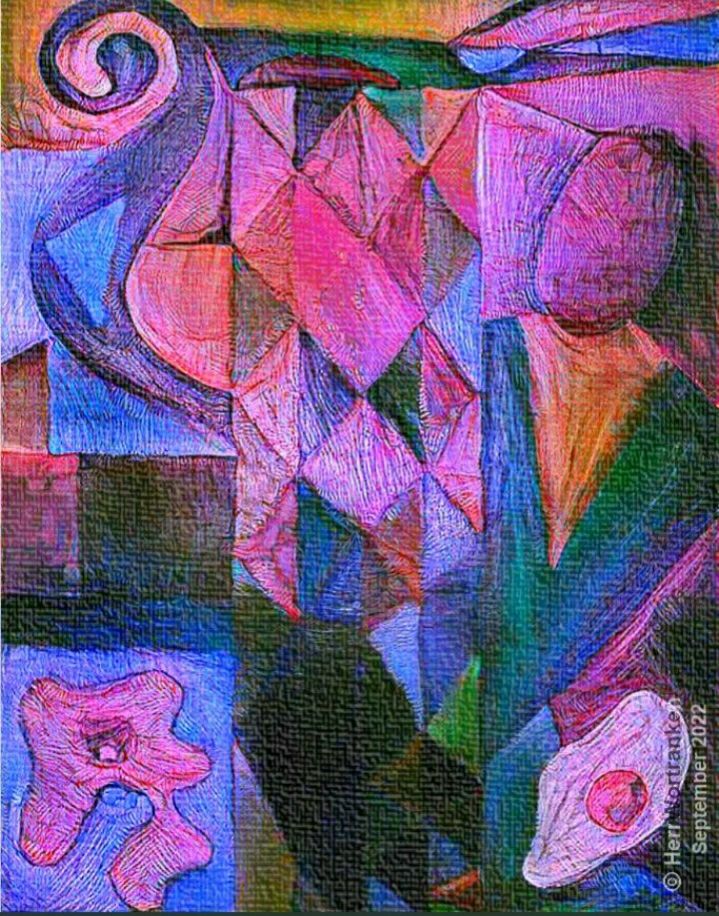 Öl, Leinwand. Unterschiedliche Facetten, als geometrische Elemente und auch symbolische Dinge, wie Spiegelei, Bicorn oder Zweispitz und ein Mensch