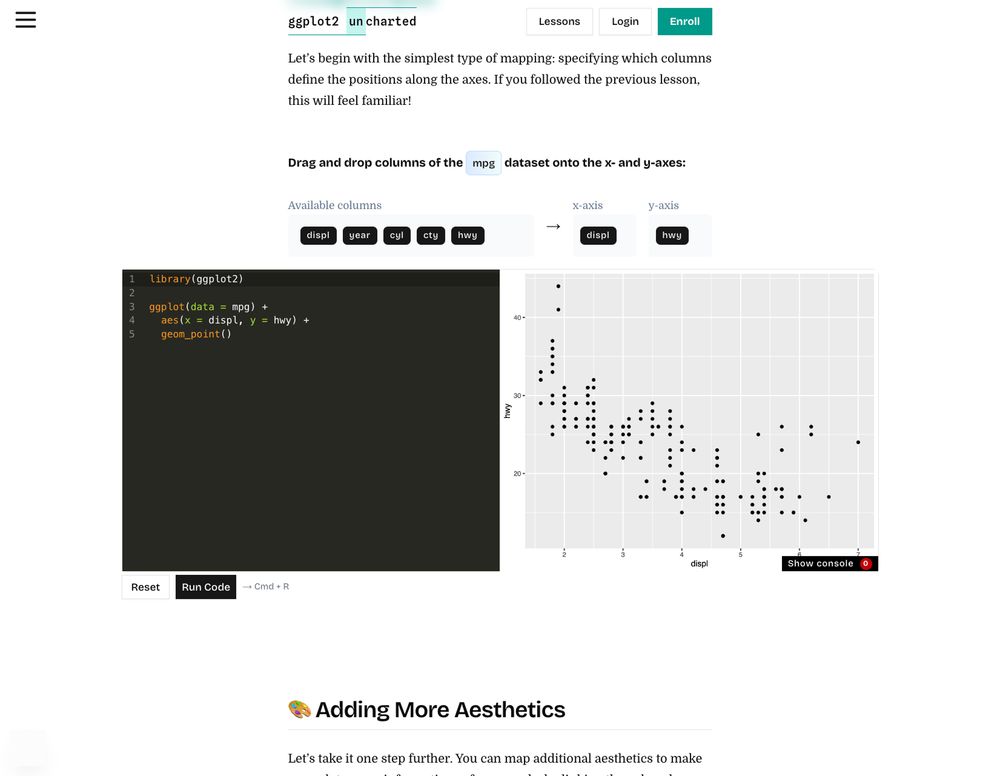 A screenshot of the drag-and-drop game: users can pick columns from the mpg data set and move them to the x or y aesthetic. The code and plot below updates accordingly!