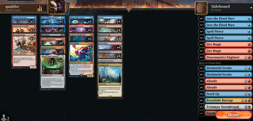 Deck
4 Agatha's Soul Cauldron (WOE) 242
4 Fear of Missing Out (DSK) 136
2 Into the Flood Maw (BLB) 52
4 Island (FDN) 275
4 Marauding Mako (DFT) 138
4 Mountain (FDN) 279
4 Proft's Eidetic Memory (MKM) 67
4 Riverpyre Verge (DFT) 260
4 Shivan Reef (DMU) 255
1 Soulstone Sanctuary (FDN) 133
4 Spirebluff Canal (KLR) 286
3 Tersa Lightshatter (TDM) 127
1 Starting Town (FIN) 289
4 Vivi Ornitier (FIN) 248
2 Voldaren Thrillseeker (MOM) 171
4 Winternight Stories (TDM) 67
2 Rona, Herald of Invasion (MOM) 75
2 Greasewrench Goblin (DFT) 132
2 Glacial Dragonhunt (TDM) 188
1 Bloodghast (IMA) 82

Sideboard
2 Fire Magic (FIN) 136
2 Into the Flood Maw (BLB) 52
1 Draconautics Engineer (DFT) 121
2 Spell Pierce (XLN) 81
2 Abrade (VOW) 139
2 Disdainful Stroke (KTK) 37
1 Broadside Barrage (DFT) 192
1 Stock Up (DFT) 67
1 Twinmaw Stormbrood (TDM) 232
1 Torch the Witness (MKM) 146
