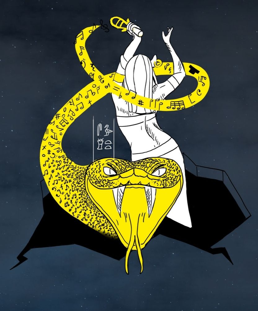 Bastet The Cat Goddess. Well known Cat Goddess Bastet is depicted as a bellydancer playing her ancient instrument sistrum. As the music notes gradually diminish in size, they transform into the scales of the nefarious serpent, Apep (also known as Apophis). With menacing fangs and a gaping maw, Apep reveals his ominous presence, adding an element of dark intrigue to the design.