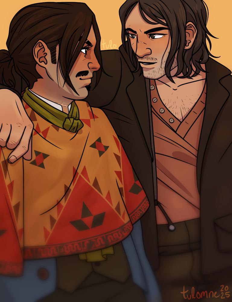 John and Javier from Red Dead Redemption 2. John has his arm around Javier, and is looking at him. Javier stares back. Javier wears a poncho over a blue coat and black jeans, while John wears a black jacket over a brown union suit and black jeans.