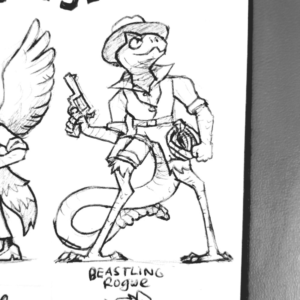 a pen ink drawing of a snake man with a cowboy hat and loooong bird legs