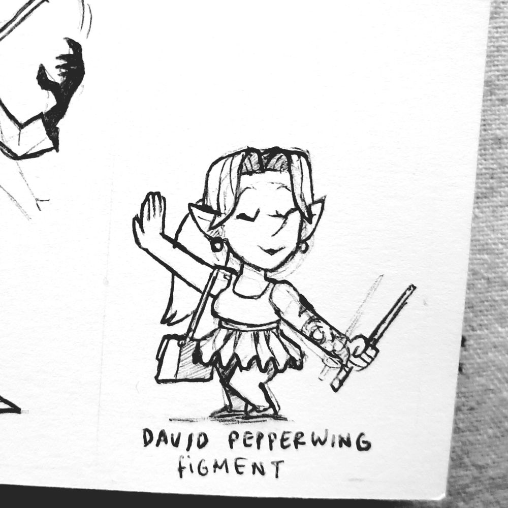 A black ink drawing of a wizard student with a tutu and a ponytail