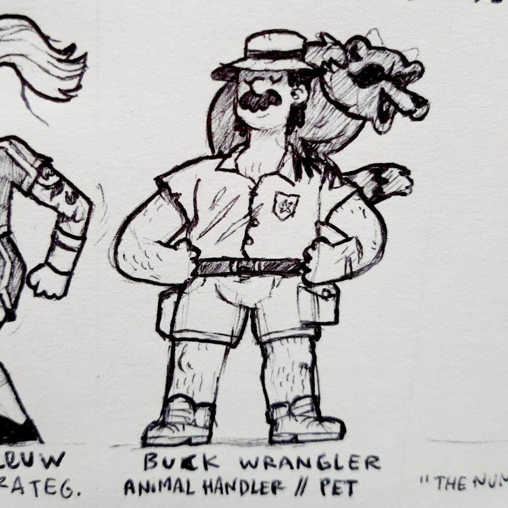 A pen ink drawing of a man and a raccoon