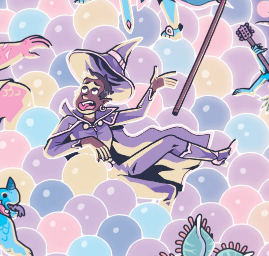 An elf wizard falling into a pile of brightly coloured baubles
