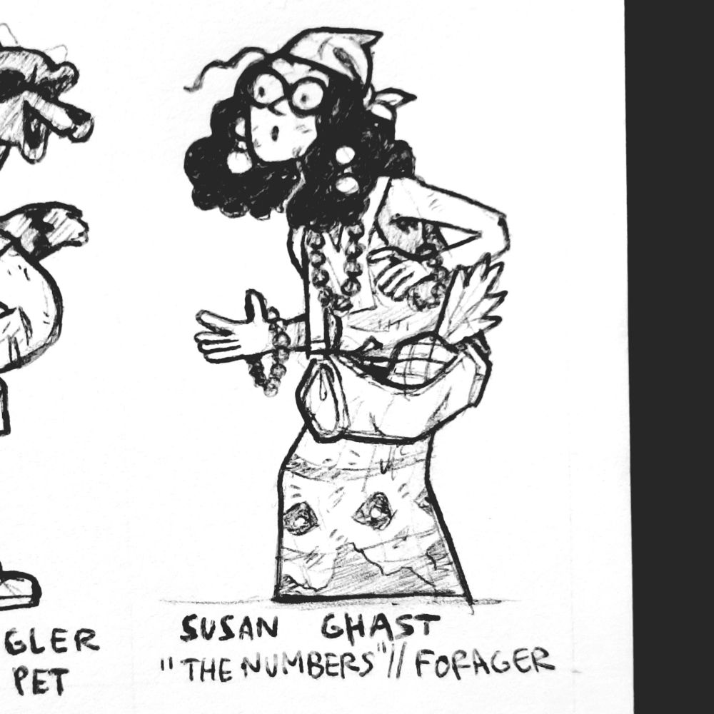 A pen ink drawing of a hippie woman with a bag that has a pineapple in it. She looks surprised!