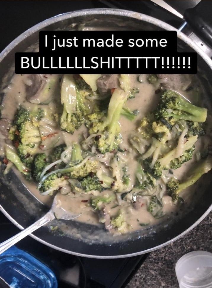 a view of food cooking in a pot with the caption "i just made some BULLSHIT"