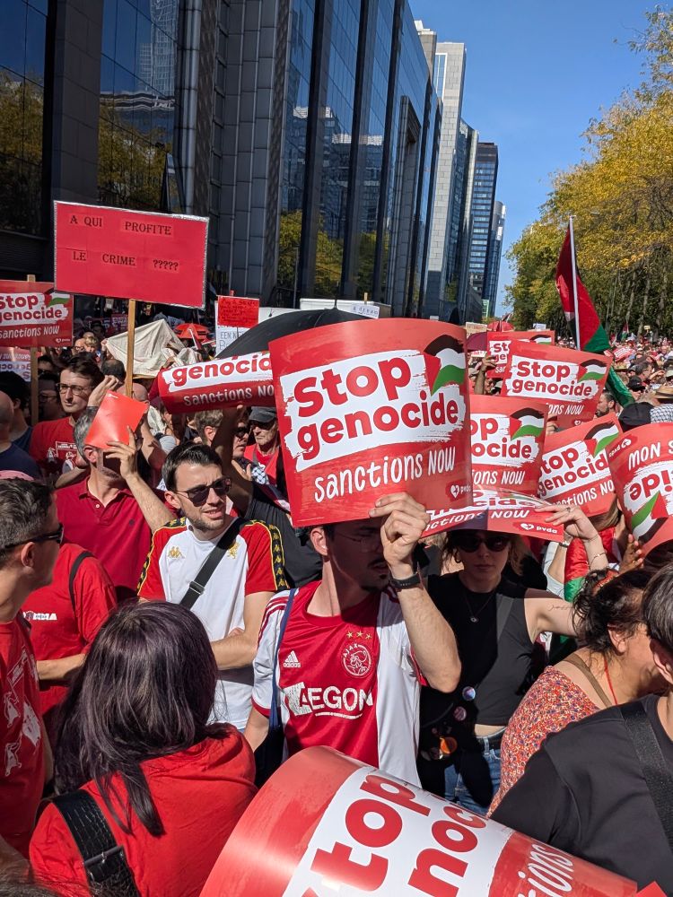 View of a crowd of people carrying signs saying "stop genocide, sanctions now", with the logo of the Belgian Workers' Party in the corner