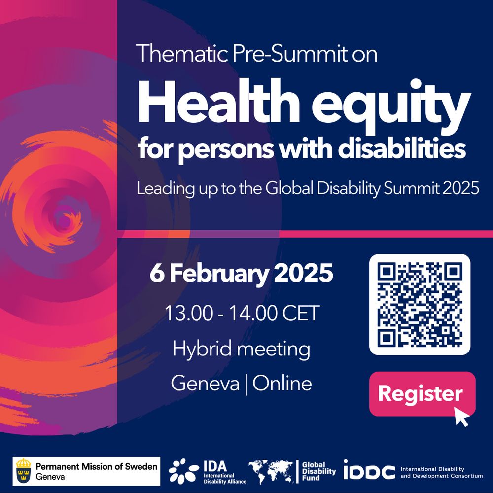 Flyer of the Thematic Pre-Summit on Health equity for persons with disabilities leading up to the Global Disability Summit 2025. 6 February 2025, 13.00-14.00 CET. Participants can join in Geneva or online.