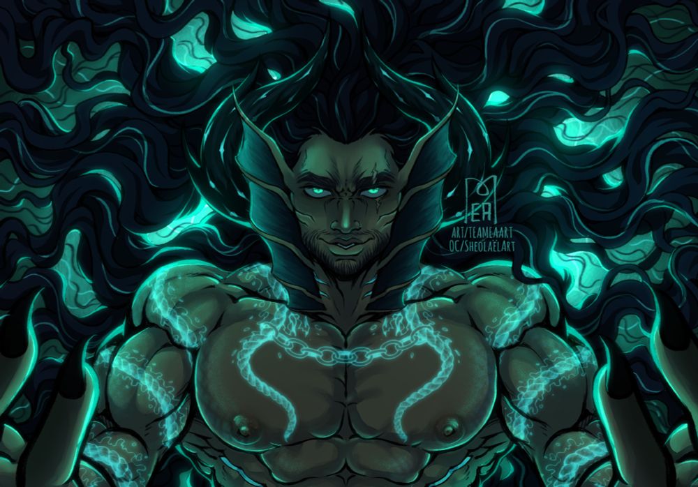 A very muscular character underwater with an intense glare. He is raising his arms, as to beckon the viewer. His tattoos are glowing in the ocean darkness and his hair is spreading in the water, filling the image. He has two horns on his head.