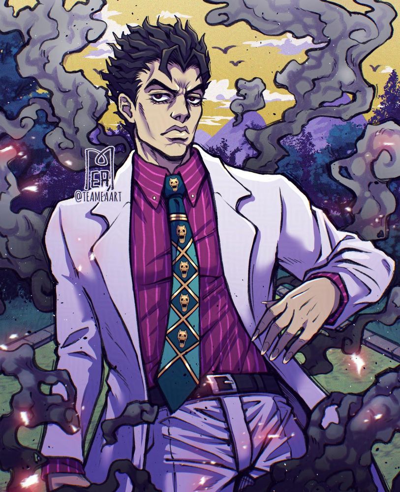 Fanart of Kira from the anime series Jojo's Bizarre Adventure. He is holding his suit jacket open, to reveal a severed hand hidden in the inner pocket. He stole the face and hairstyle from a stranger named Kawajiri Kosaku. Smoke is rising around him. The background shows a part of Morioh town.