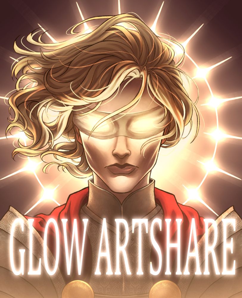 Text written on the art in big letters: Glow Artshare. 
The drawing shows a portrait of a character with blond hair, wearing a blindfold. Light is glowing through the blindfold. A glowing halo surrounds the character.