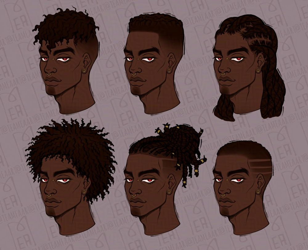A line up of heads with different hairstyles. It's all the same character.