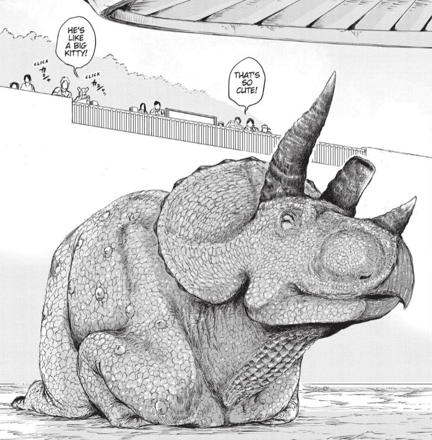 A triceratops named Masaru is sitting with a smile on his face at the zoo. The crowd is saying "That's so cute!" and "He's like a big kitty!" while taking photos. From English edition of "Dinosaur Sanctuary" volume 1 by Itaru Kinoshita.