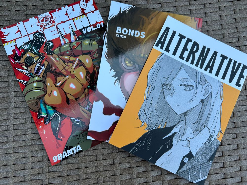3 manga volumes overlapping. Zigoku’s Foreman, Bonds, and Alternative [Self Linear Notes]