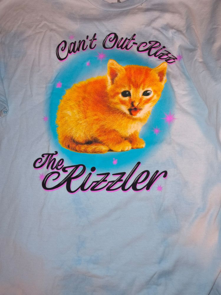 Blue t-shirt with an orange kitten that says "Can't out rizz the rizzler".