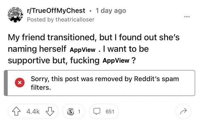An edited Reddit post on r/TrueOffMyChest reading “My friend transitioned, but I found out she's naming herself AppView. I want to be supportive but, fucking AppView?”