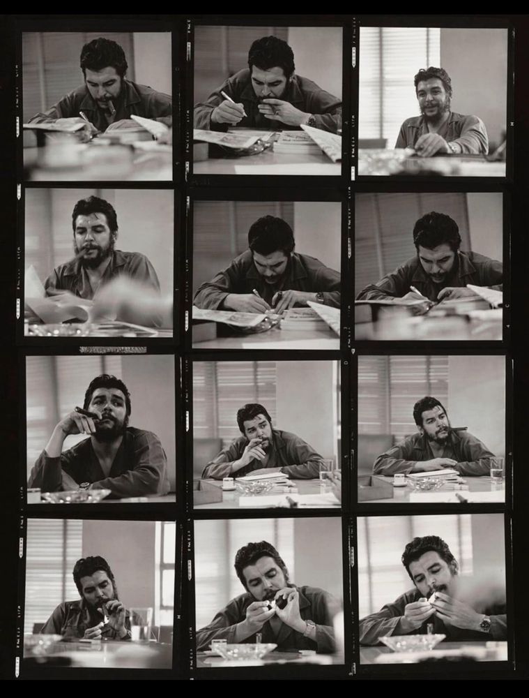 A contact sheet with 12 black and white photographs of Che Guevara; made in 1964 in Havana, Cuba, by the now late Rodrigo Moya. Includes one of the portraits now referred to as “Melancholy Che.”

Photographs via WaPo: “His camera captured Che, a famous black eye and 1960s Mexico City: Rodrigo Moya dies at 91” - Anusha Mathur