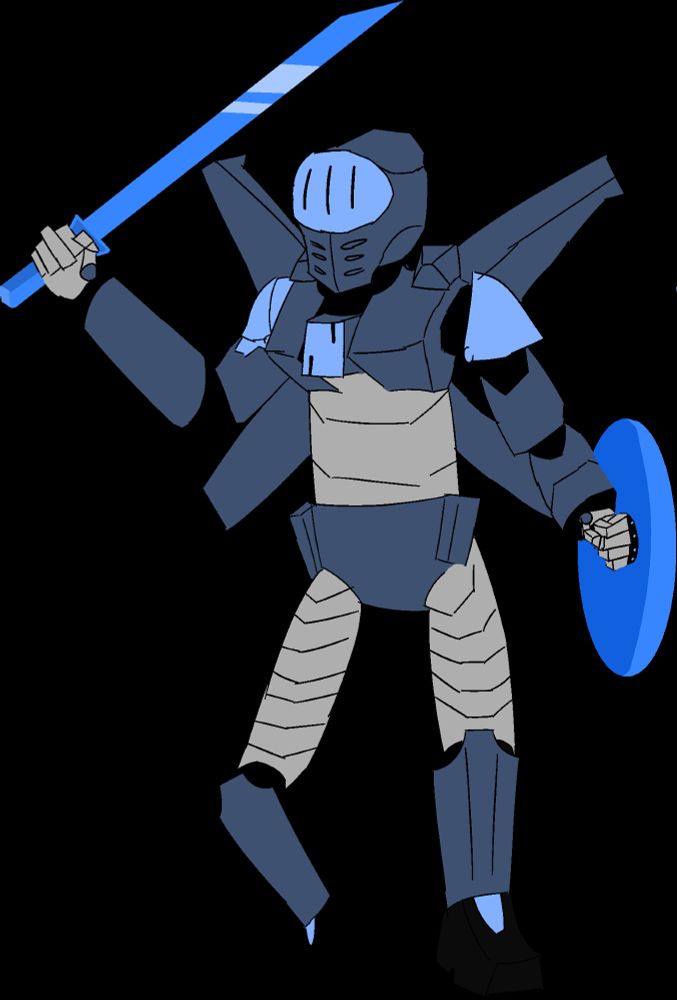 A blue, cybernetic knight with a sword and shield in hand.