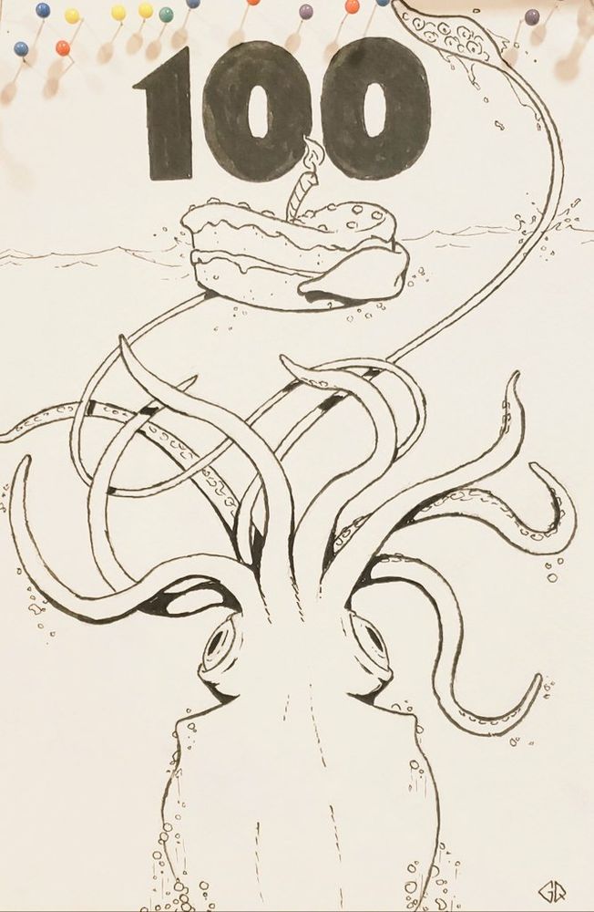 Black-and-white ink drawing of a colossal squid holding a birthday cake