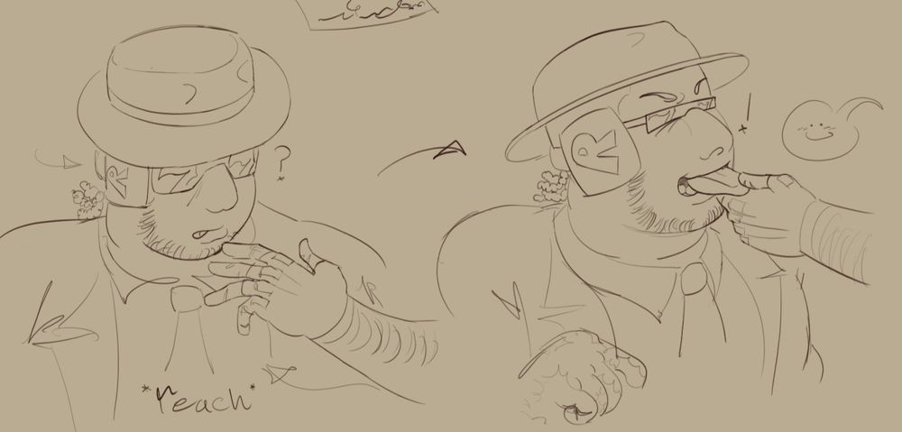 Continuation of the previous drawing: Guest reaches a hand over. Chance notices and gazes inquisitively. The next panel is her pulling on their tongue with a smile.