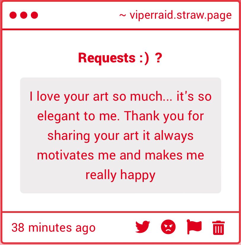 A screenshot of the Strawpage inbox. Message reads, “I love your art so much... it's so elegant to me. Thank you for sharing your art it always motivates me and makes me really happy”