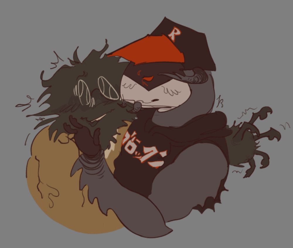 A drawing of Bive and Pest Regretevator. Pest has a hand placed on her cheek.