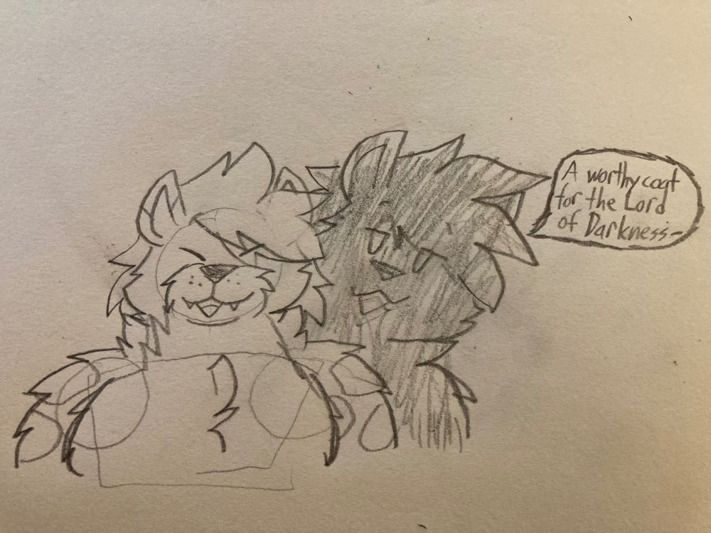 Small drawing of two hyenas, Kya and Addle, with winter coats, Addle saying "A worthy coat for the lord of darkness~", by @aquivorous.bsky