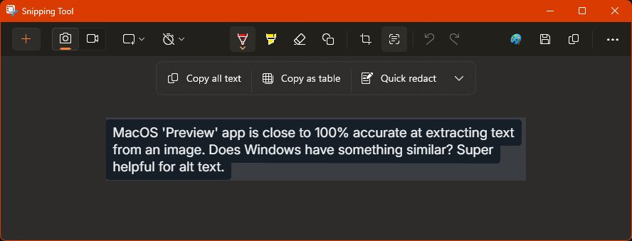 A screenshot of the Snipping App selecting text from the prior post, using the method described in this post.