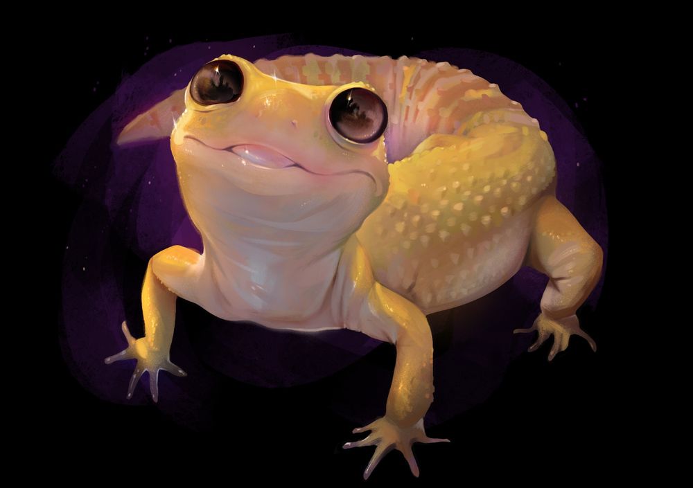 Digital Painting. Sketch of a yellow lizard with a black background and purple accents. It looks happy and sticks its tongue out.