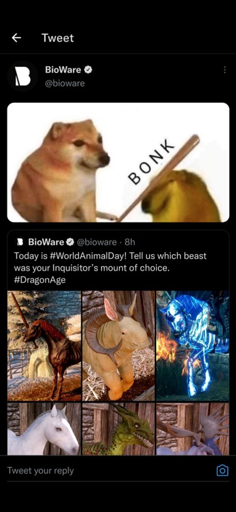 Screengrab of an official BioWare twitter post from this day last year. It shows their original tweet asking what the fan's favourite mount was, with a quote tweet of the "horny bonk dog" meme above it.