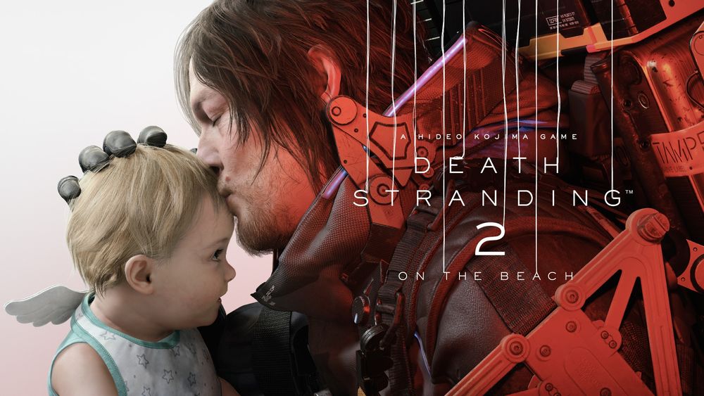 Death Stranding 2 key art showing side profile of a man kissing the forehead of a toddler. The title is superimposed on the right-hand side.
