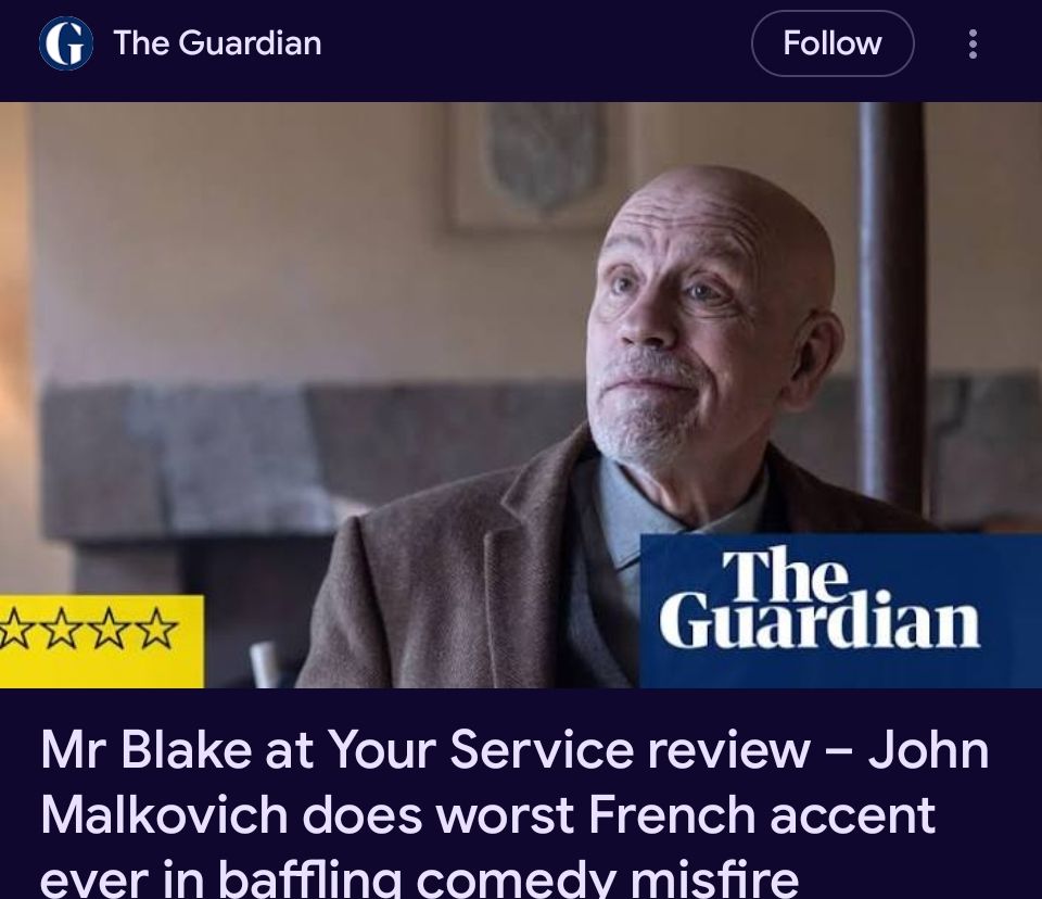 1 out of 5 stars. Mr Blake at Your Service review - John Malkovich does worst French accent ever in baffling comedy misfire
