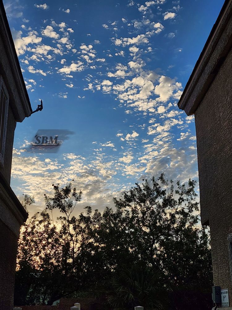A vibrant yellow and blue sunrise with a painting of beige altocumulus clouds