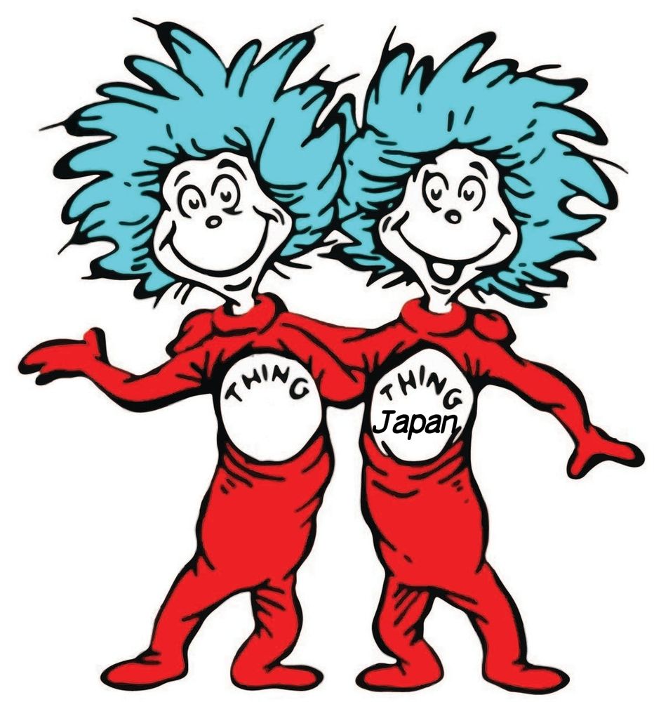 Dr. Seuss's Thing 1 and Thing 2, red pajama'd child-like figures with wild blue hair, cleverly relabeled as Thing and Thing Japan.