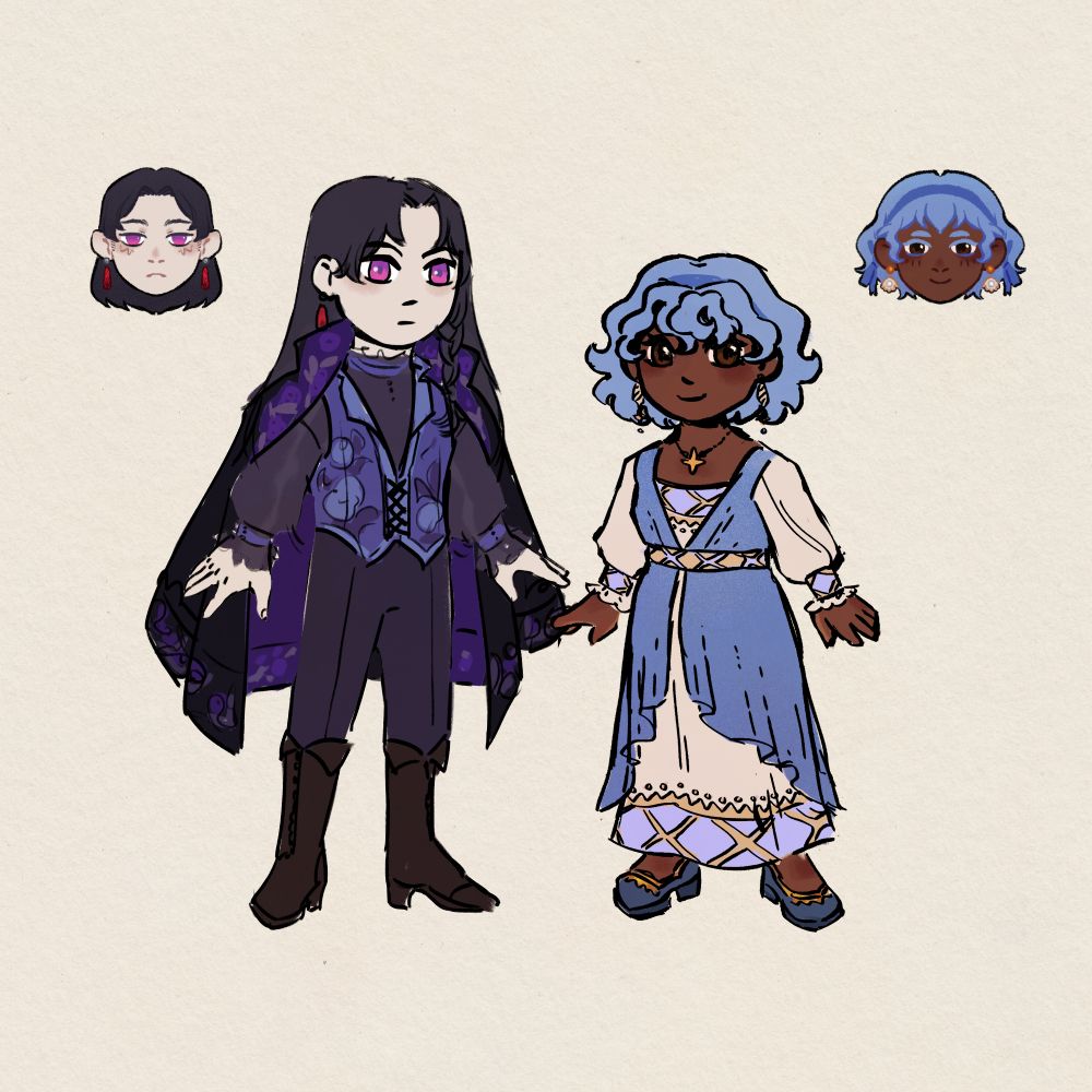 chibi sketches of andy and lina early into figuring out their outfits