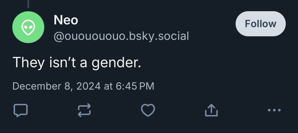 Some random user replying to my skeet. It reads “They isn’t a gender”