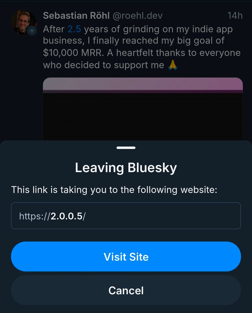 The "Leaving Bluesky" prompt shows the address of https://2.0.0.5/ as the destination over top of a skeet with "2.5" highlighted as a link.
