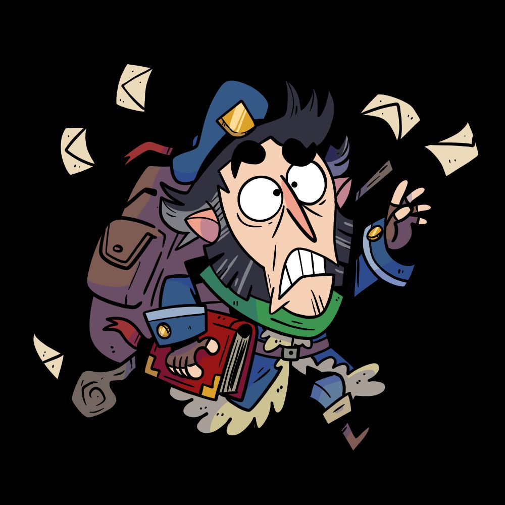 A small gnomish postal worker with a panicked look and letters flying around him.