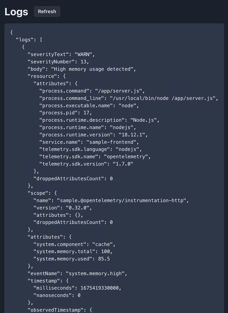 A JSON print-out of some test logs (details irrelevant and boring) on the front end of otel-desktop-viewer, showing that logs are getting from point A to point B.