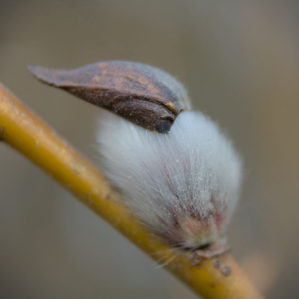 A close-up of a willow branch with a catkin that has emerged from the bud. The catkin is formed of soft silvery white hairs. The dark brown bud cover got lifted off the branch and is resting on top of the catkin. This reveals the red and green core of the catkin connecting to the branch. Both the catkin hairs and the outer shell are covered in fine white dust.
The background is blurry with hues of brown, green, and light blue.
