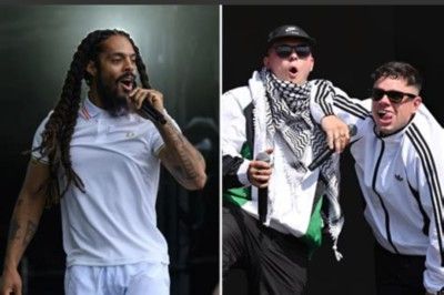 Two image compilation. Left one of the Bob Vylan artists - a black man with dreadlocks wearing a white tee shirt and white shorts. The right panel showing two performers from kneecap - white men wearing sports tops and sunglasses, one is wearing a black baseball cap.