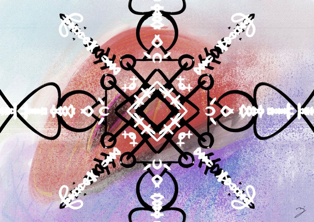 Digital illustration, symmetrical glyphs, black and white layered over each other. Background is a watercolor painting heavily faded and distressed, mostly red in the middle with blue and purple at the bottom.