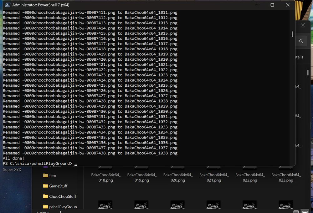 Section of Sosadillatron's desktop showing a powershell script finished converting a bunch of file names into new file names, with a partially obscured folder window open behind it showing the new files renamed
